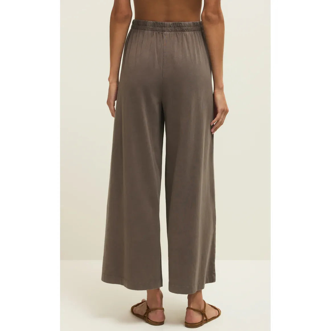 Back view: Z Supply Scout Jersey Flare Pant in taupe, high-rise, relaxed cotton jersey wide-leg pants.