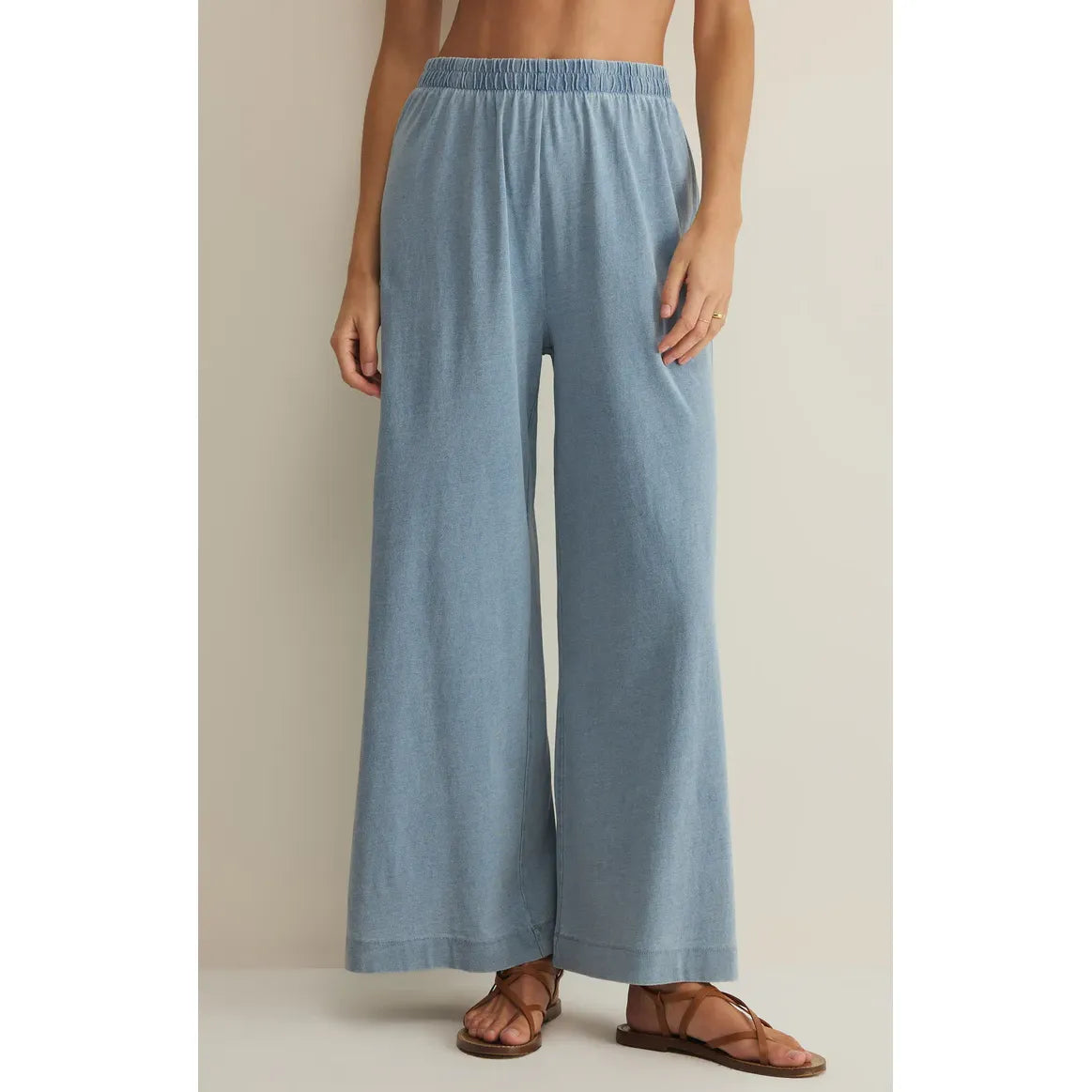 Z Supply Scout Jersey Crop Flare Pant in light blue jersey, high-rise ankle-length, relaxed-fit with elastic waist.