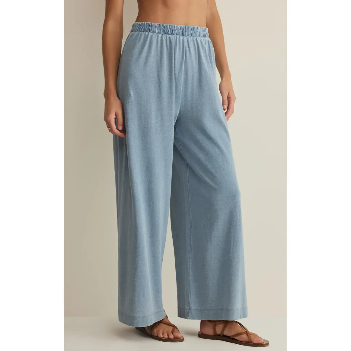 Z Supply Scout Jersey Crop Flare Pant in light blue, high-rise, ankle-length, relaxed cotton jersey with elastic waist.