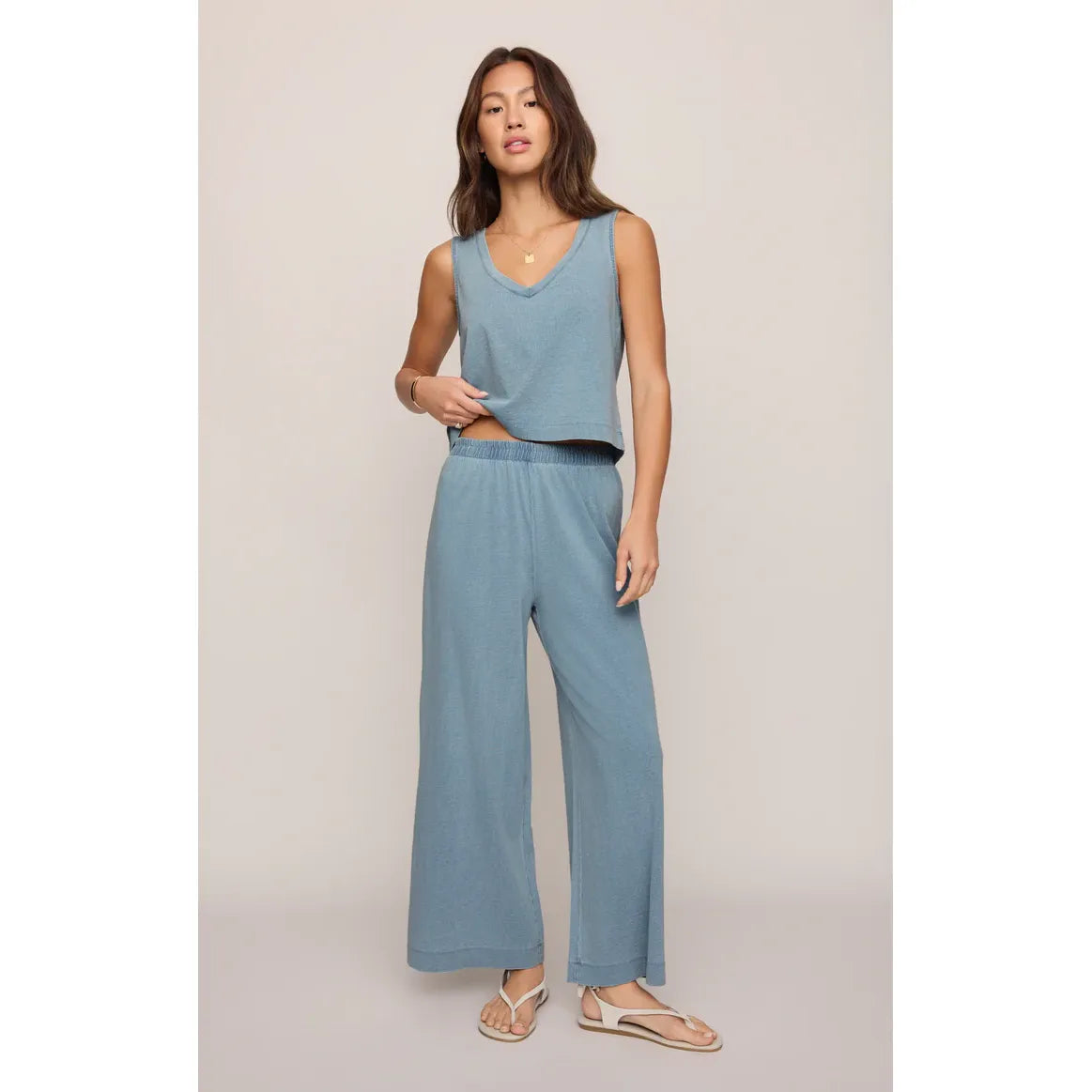 Z Supply Scout Jersey Crop Flare Pant in light blue, high-rise, ankle-length with elastic waistband, relaxed fit.