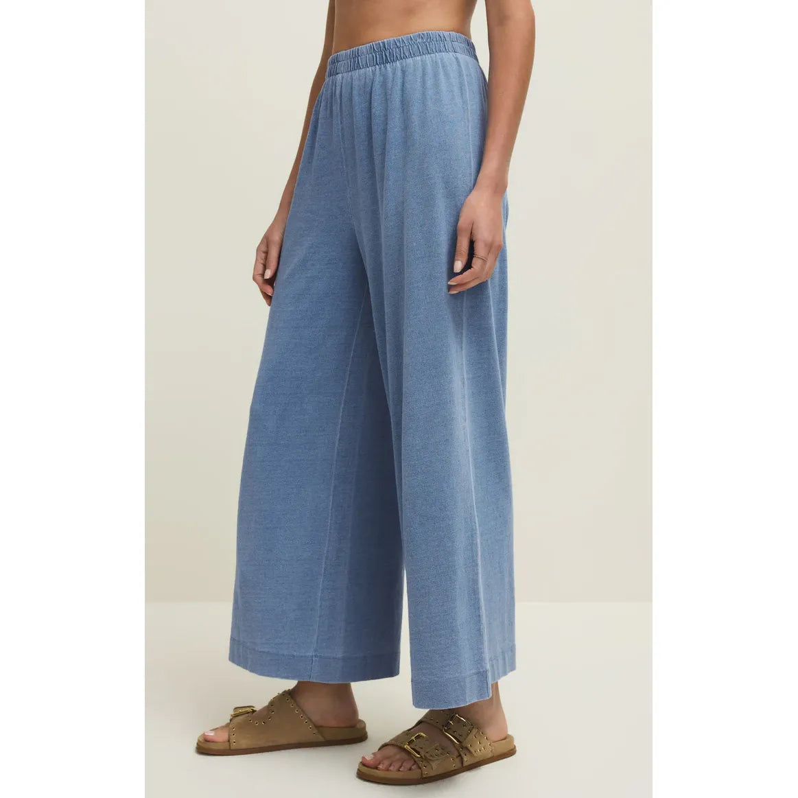 Z Supply Scout Jersey Denim Pant: relaxed-fit, wide-leg blue denim with elastic waist.