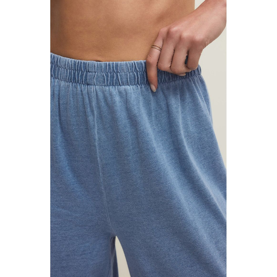 Z Supply Scout Jersey Denim Pant with elastic waistband and relaxed fit in soft blue denim.