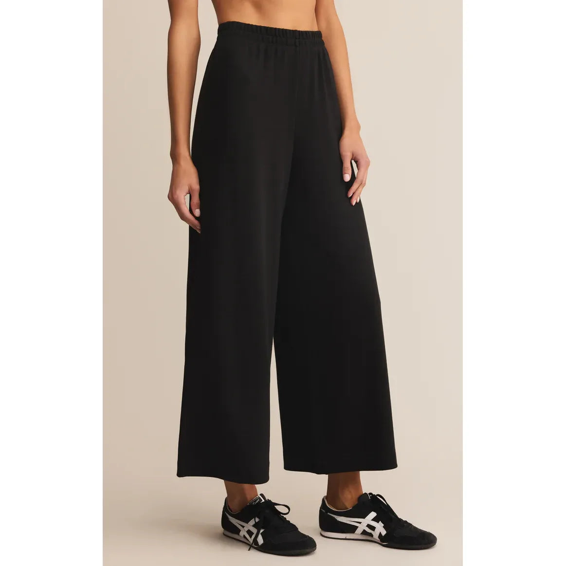 Z Supply Scout Luxe Pant in black ribbed knit, high-rise, ankle-length wide-leg with relaxed, comfy silhouette.