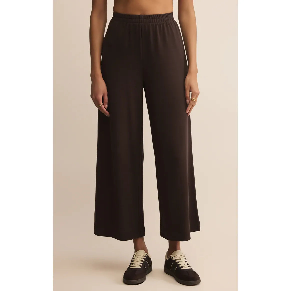 Z Supply Scout Luxe Pant in dark brown ribbed knit, high-rise, relaxed wide-leg hits at ankle.