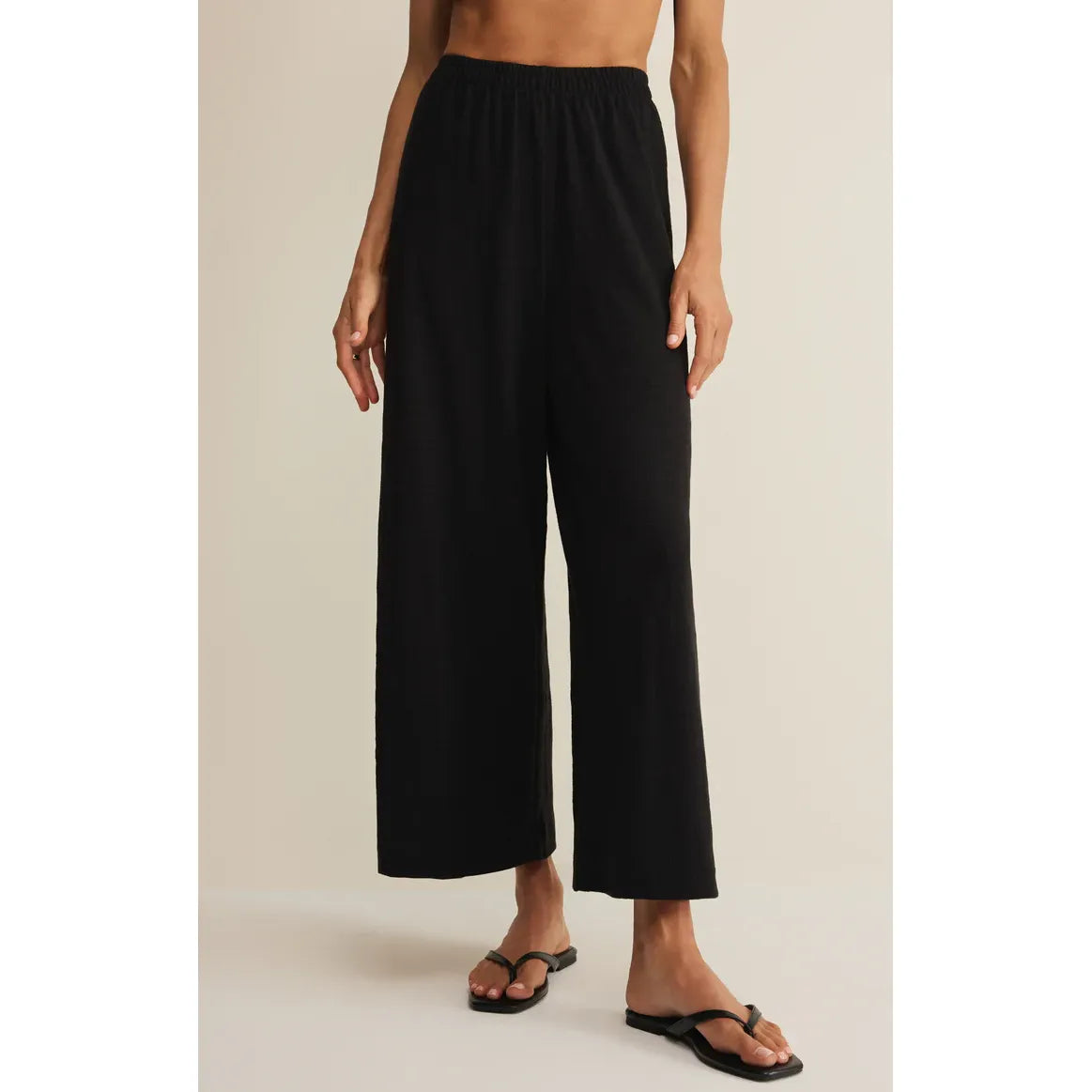 Z Supply Scout Textured Slub Pant in black, high-rise elastic waistband, ankle-length wide-leg pants.