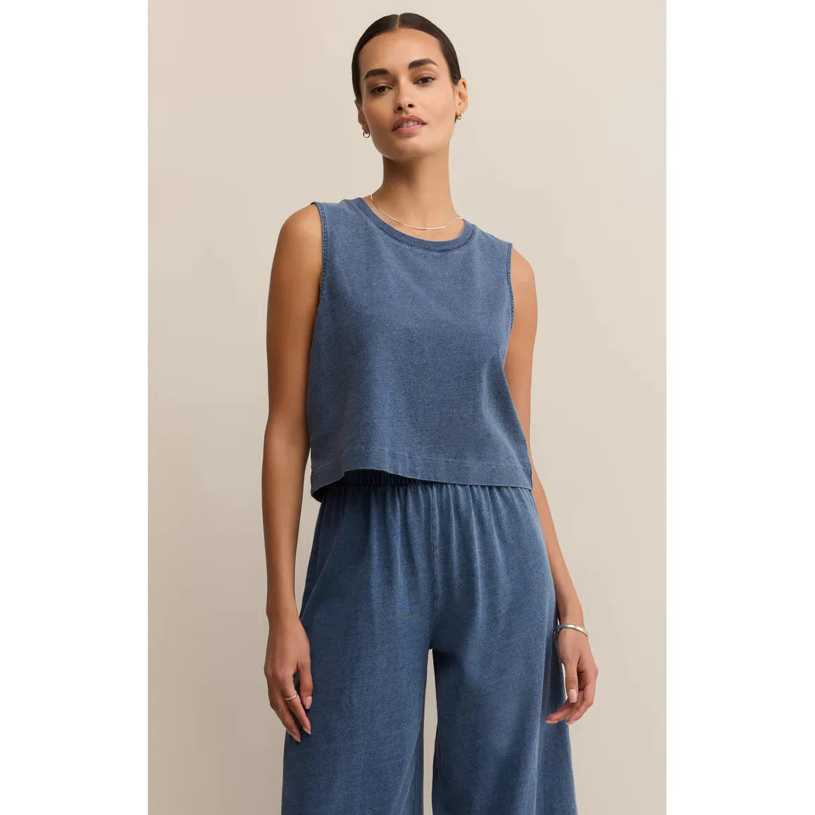 Z Supply Sloane Washed Jersey Tank in vintage indigo — lightweight denim-look knit tank with soft, slightly stretchy feel.