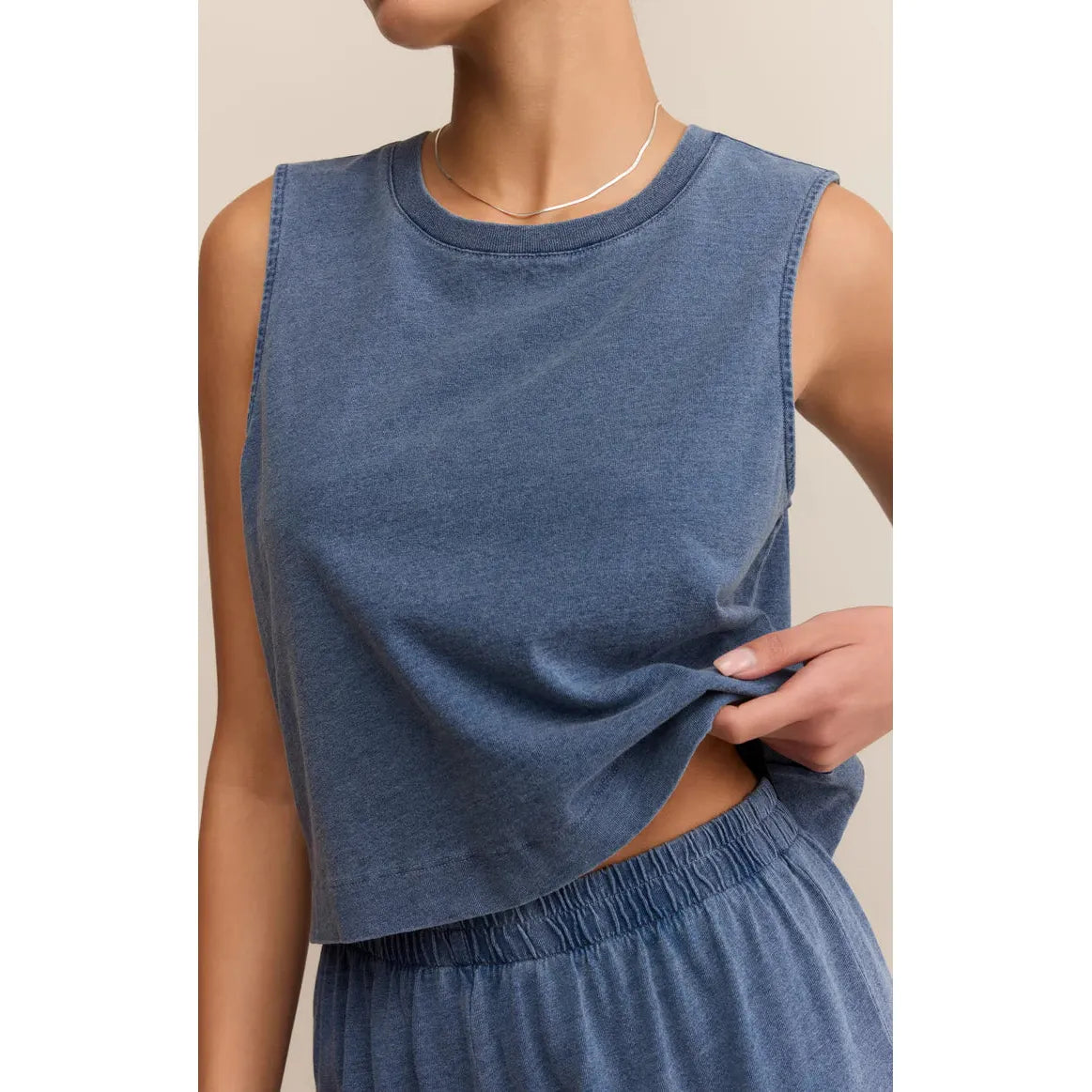 Z Supply Sloane Washed Jersey Tank in vintage indigo—cropped denim-look knit tank with soft, lightweight stretch