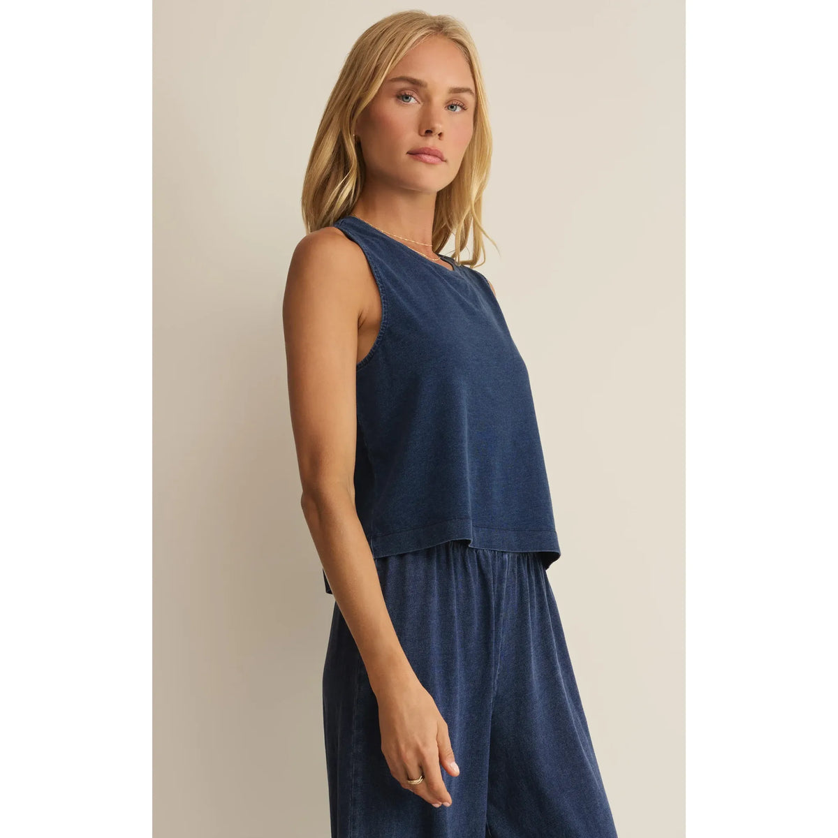 Z Supply Sloane Washed Jersey Tank in navy denim-inspired knit, sleeveless top on model.