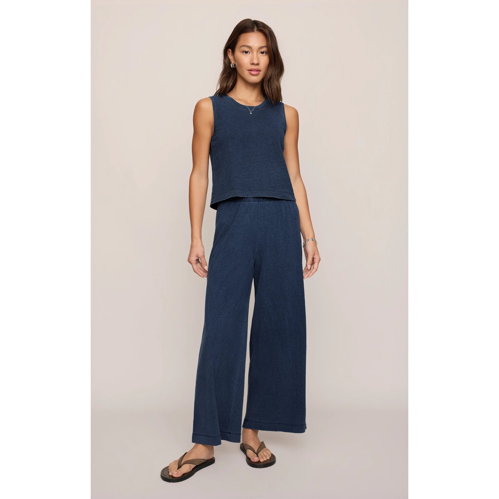 Z Supply Sloane Washed Jersey Tank on model with denim-look wide-leg pants; lightweight, soft knit with stretch.