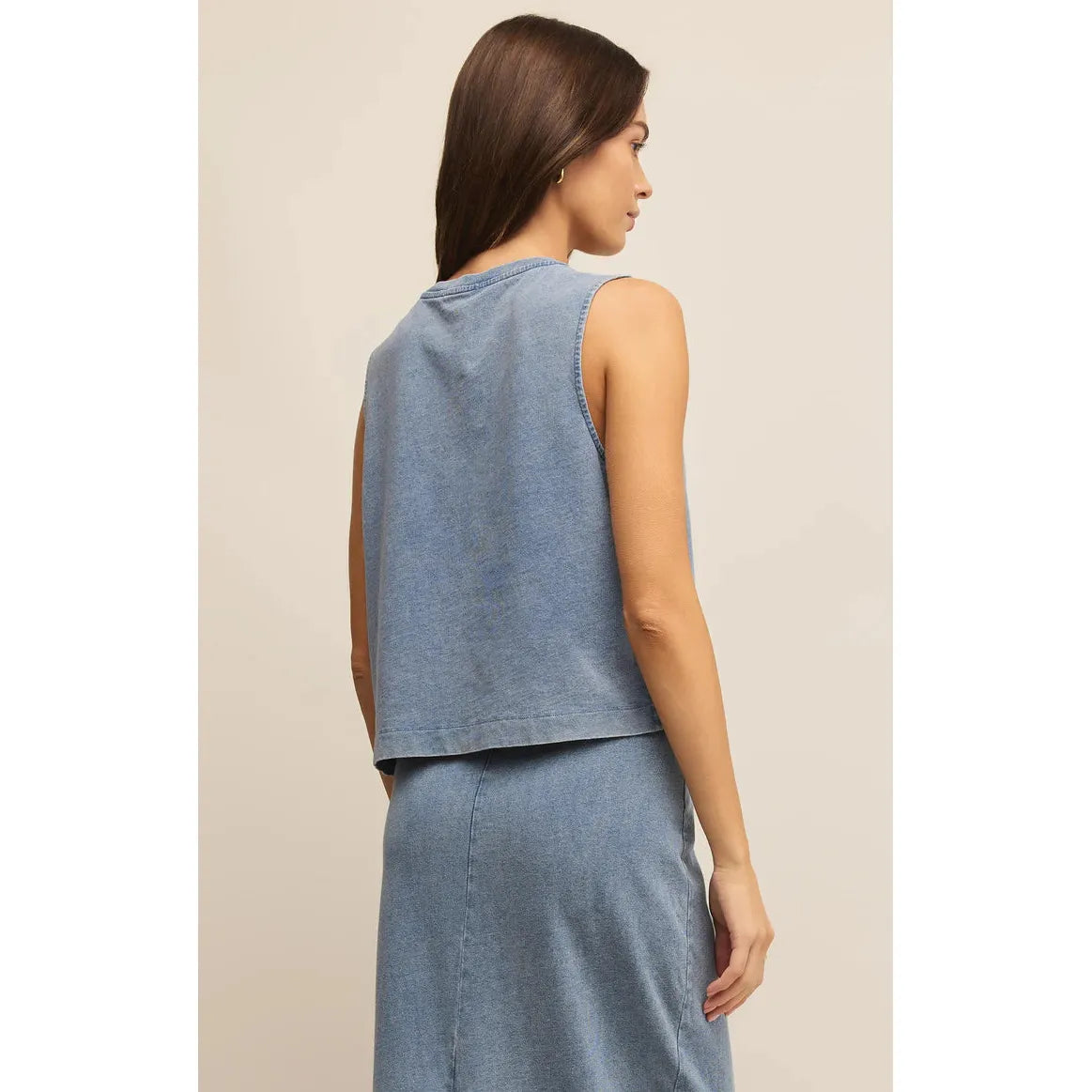 Z Supply Sloane Washed Jersey Tank in medium indigo, featuring a soft, lightweight denim look for casual style.