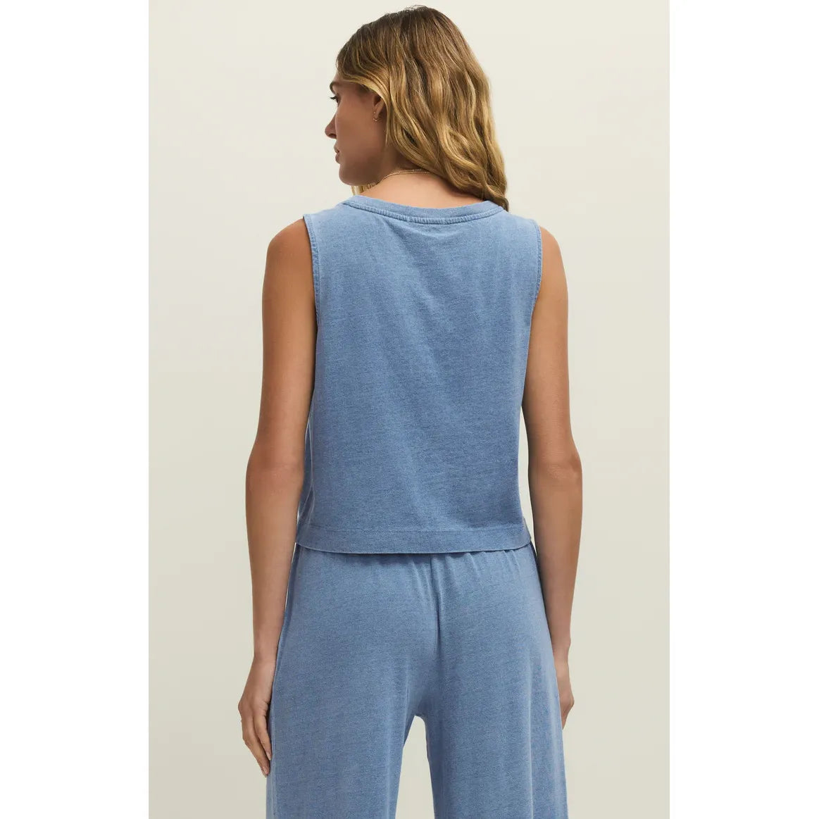 Z Supply Sloane V-Neck Denim Tank, blue sleeveless back view with matching relaxed pants set.