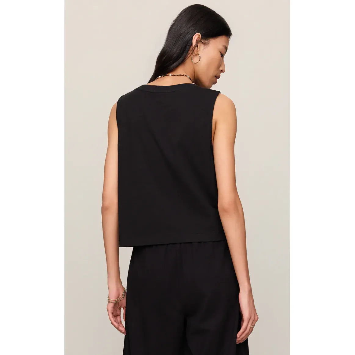 Z Supply Sloane V-Neck Tank: black sleeveless top with a relaxed fit, back view in cotton jersey.