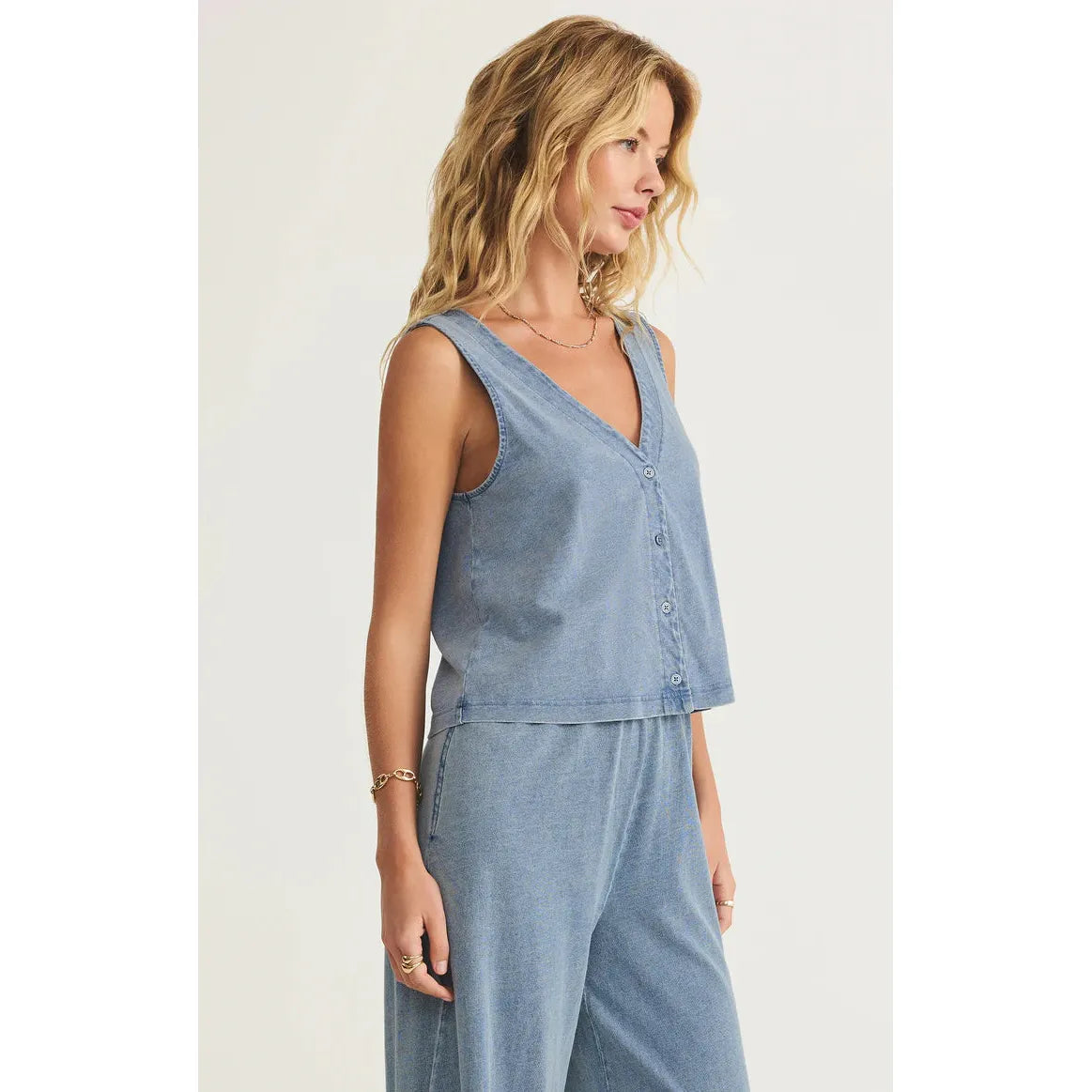 Stylish Z Supply Solace V-Neck Jersey Denim Tank with button-front, perfect for vintage vibes and all-day comfort.