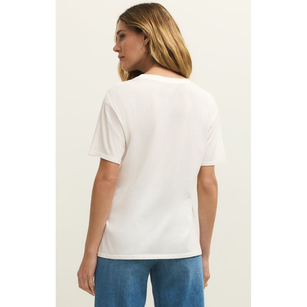 Z Supply Spritz Boyfriend Tee on model, white cotton jersey, relaxed fit, short sleeves (back view)