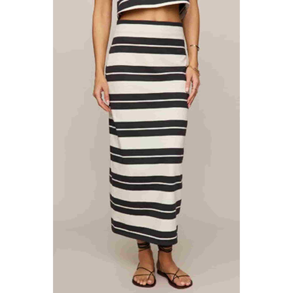 Z Supply Gail striped midi skirt with elastic waistband and black-and-white horizontal stripes.