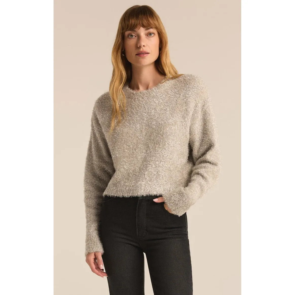 Z Supply Tinseltown Crop Sweater in luminous beige fuzzy knit, cropped silhouette with crew neck and long sleeves.