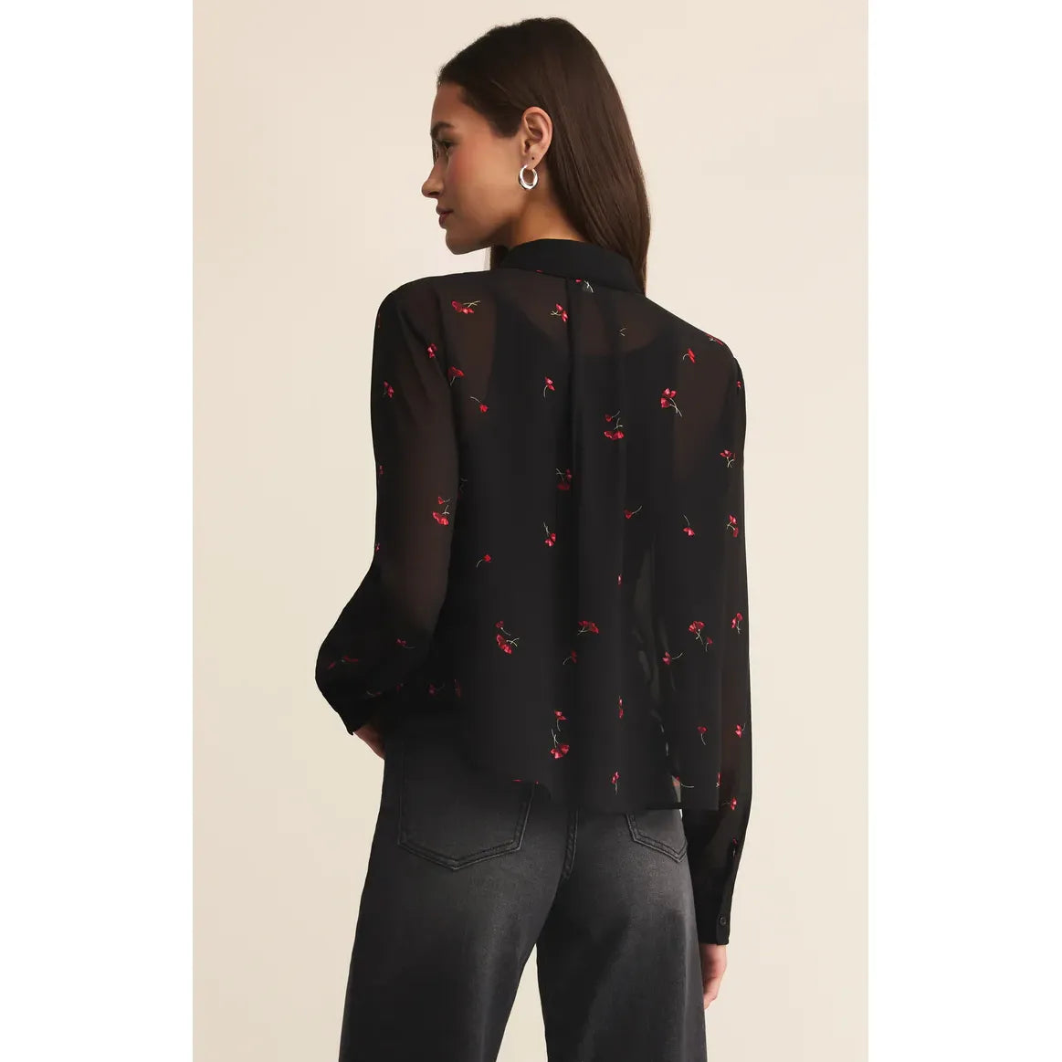 Z Supply Vivienne Rio Floral Top, black sheer floral blouse with red print and loose silhouette, back view.