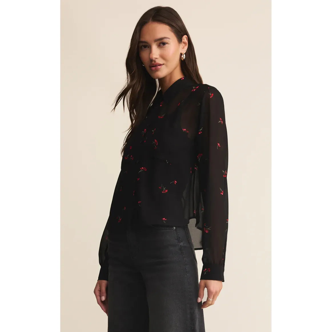 Z Supply Vivienne Rio Floral Top: black sheer button-up with red botanical print and a loose silhouette