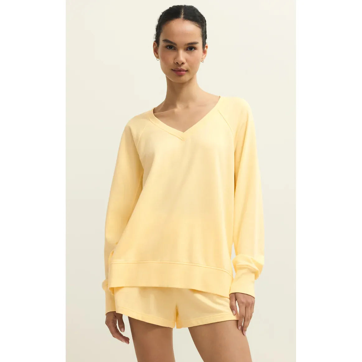 Z Supply Weekender V-Neck in pastel yellow, relaxed-fit loungewear top with a V-neck and matching shorts.