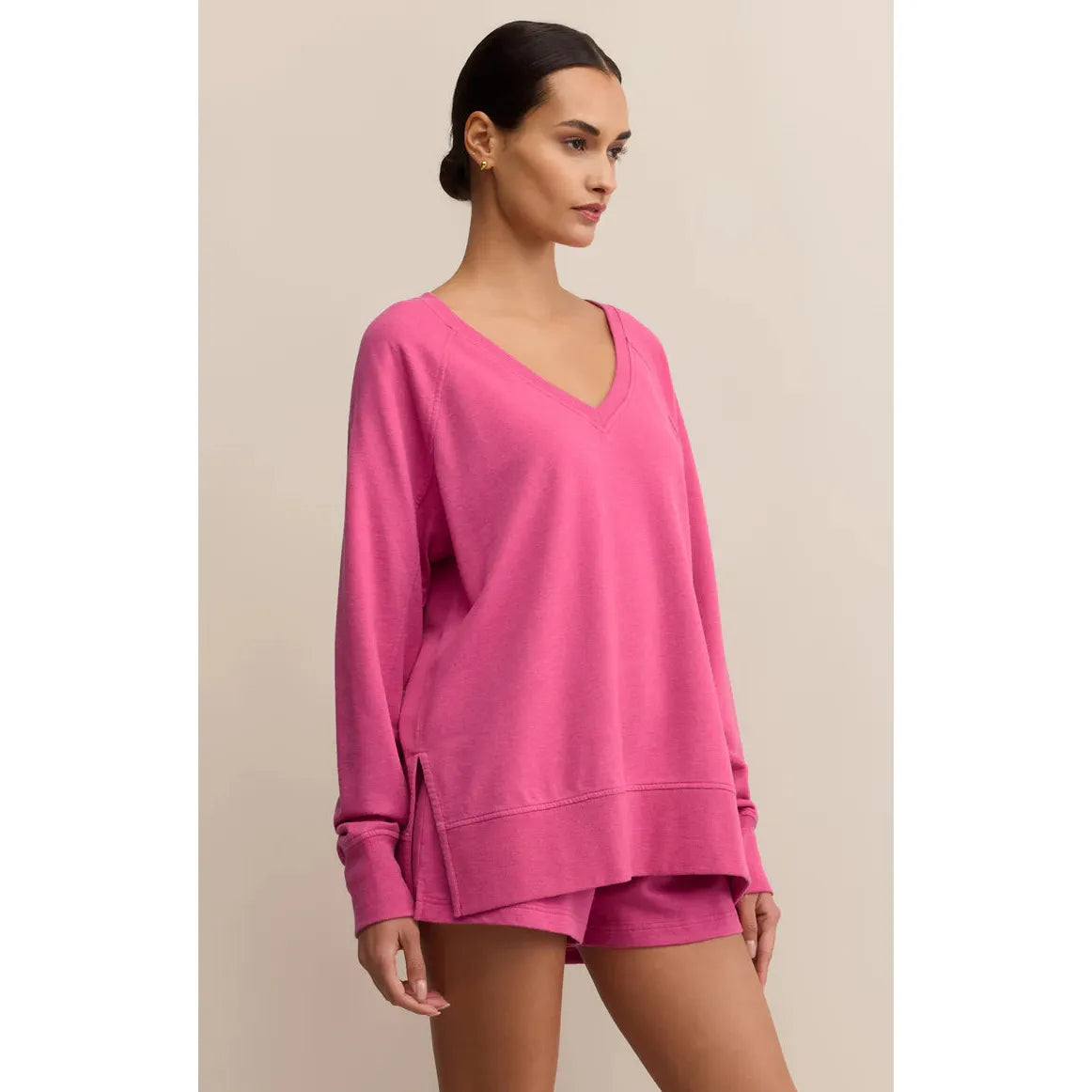 Z Supply Modern V-Neck Weekender Top in pink, oversized relaxed long sleeve with side slits and hi-low hem