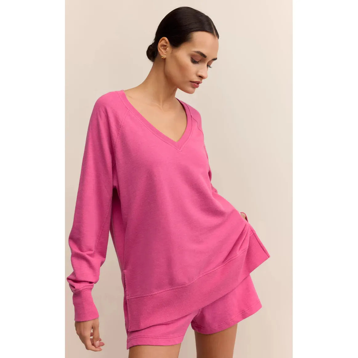 Z Supply Modern V-Neck Weekender Top in pink, oversized relaxed long sleeve with burnout Baby French Terry.