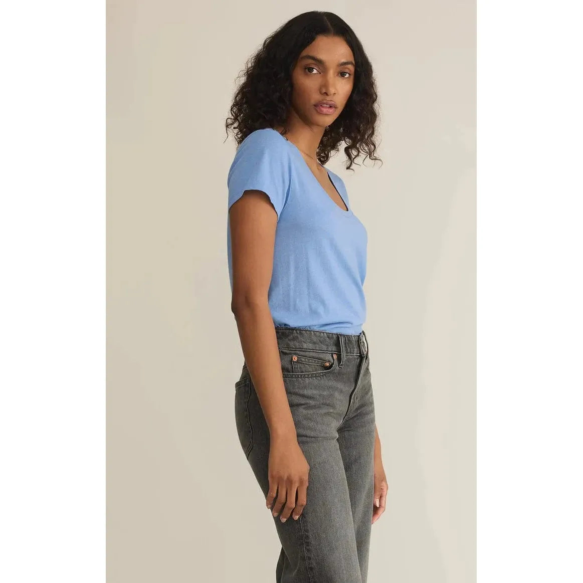 Z Supply Anywhere Scoop Tee in Blue River offers a cozy vibe with soft jersey knit and an easy fit for everyday wear.