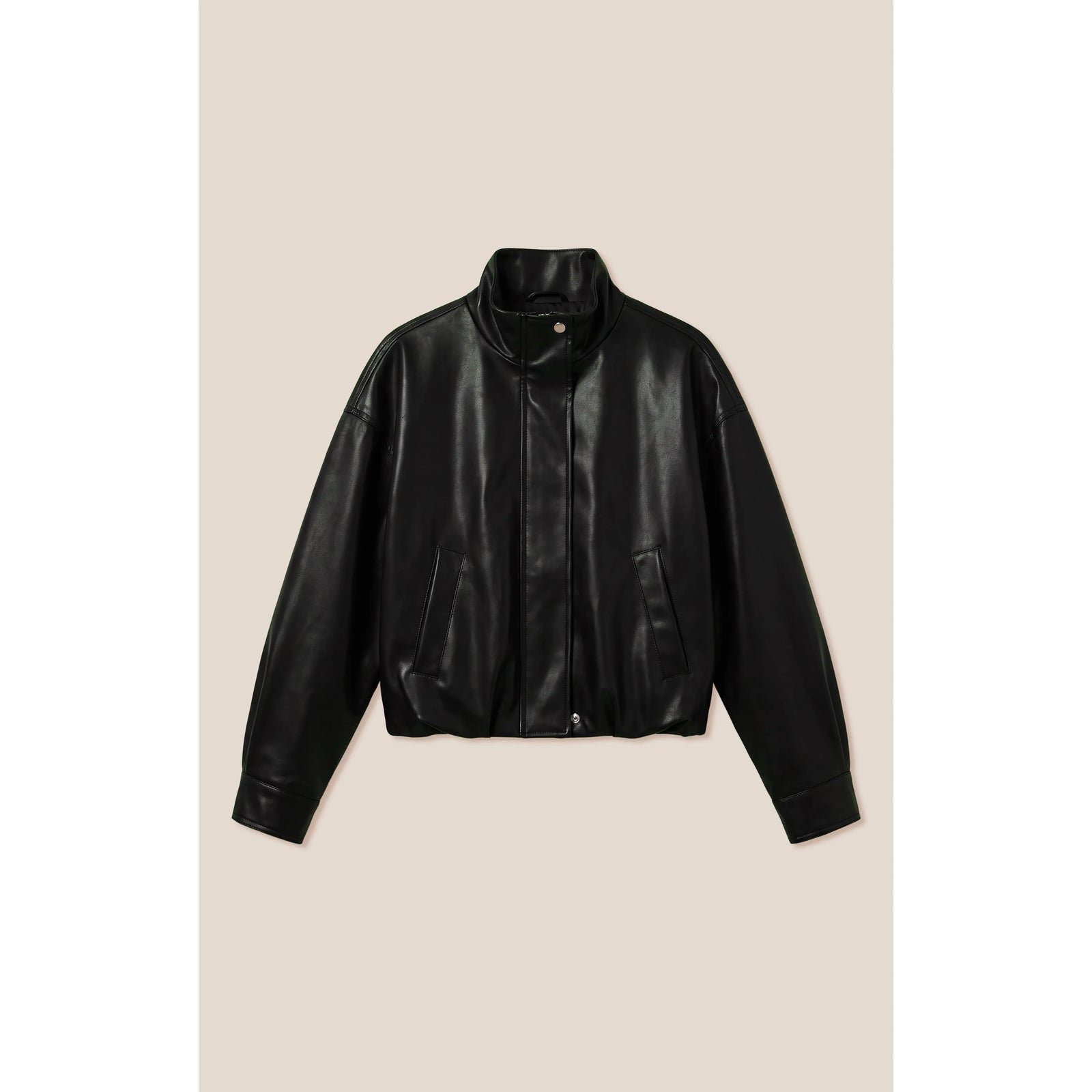 Black Z Supply Corin faux leather bubble jacket with funnel neck, hidden front zip, and sculpted silhouette.