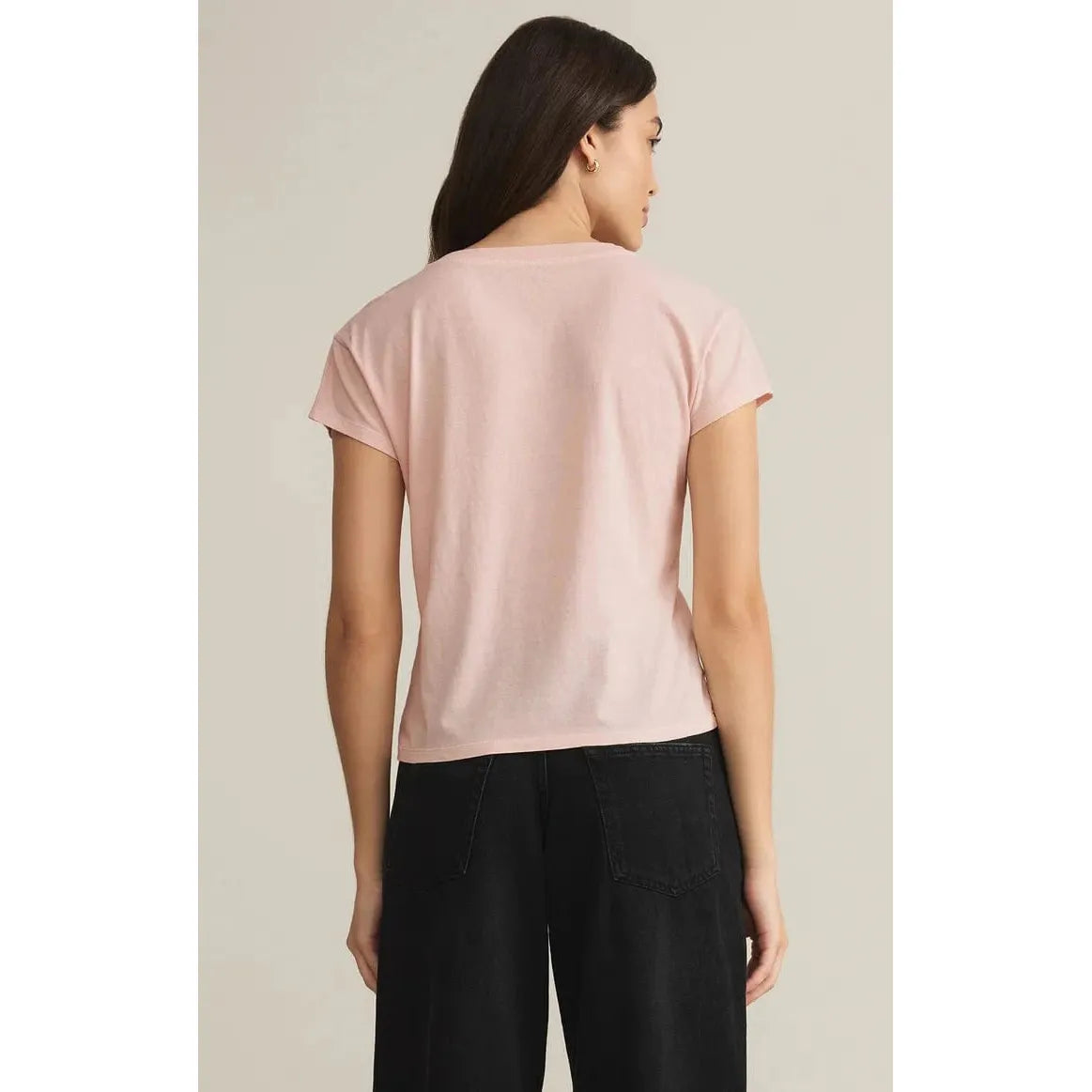 Soft pink Z Supply Modern Jersey V-Neck Tee featuring a relaxed fit, perfect for effortless casual style.