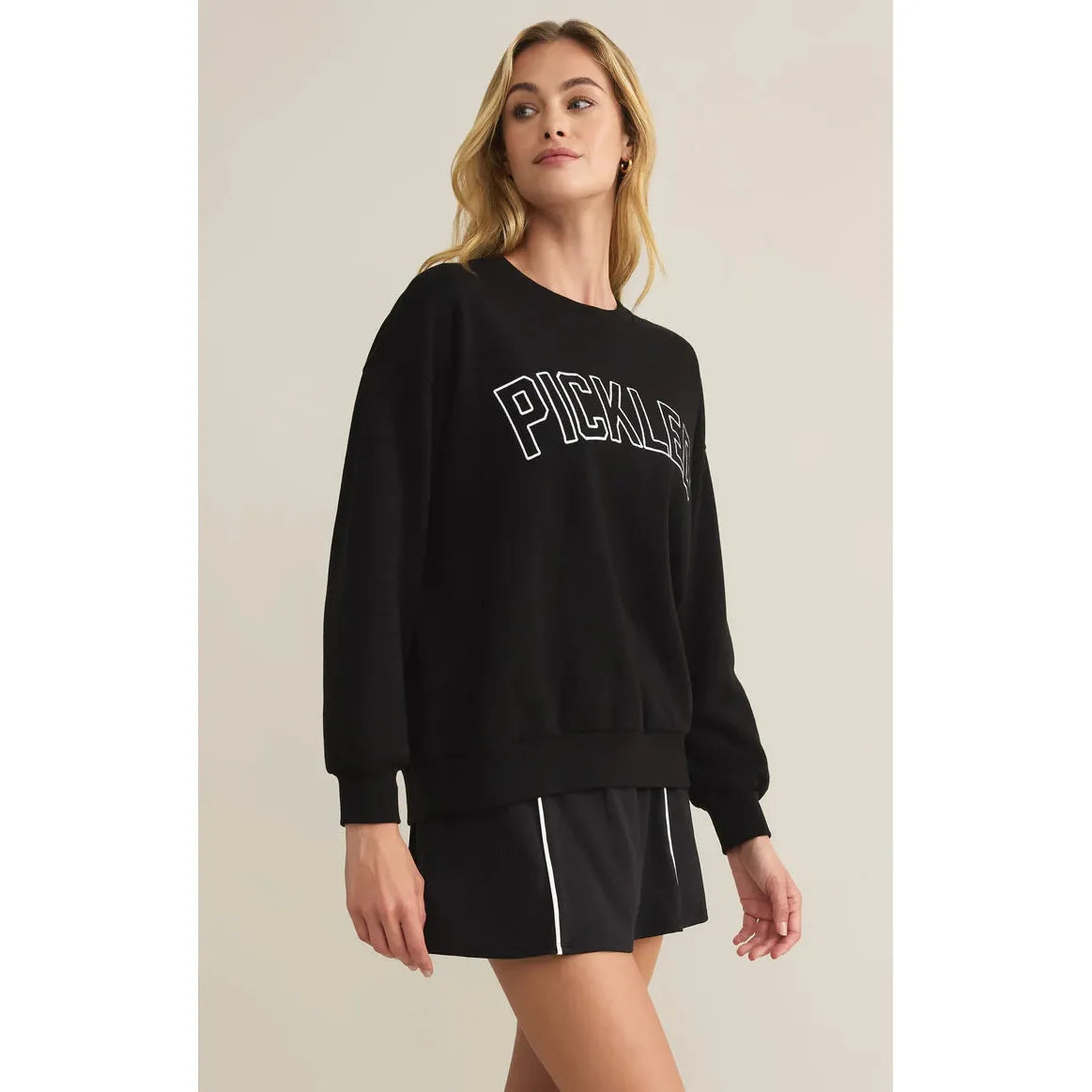 Stylish Z Supply Pickled Sweat Shirt in black featuring "Pickled" embroidery, perfect for casual wear or lounging.
