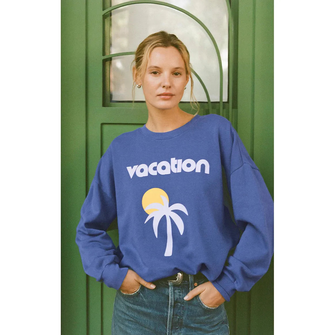 Luxuriously oversized Z Supply Vacay Sunday Sweat Shirt featuring a "Vacation" graphic for effortless sunny-day style.