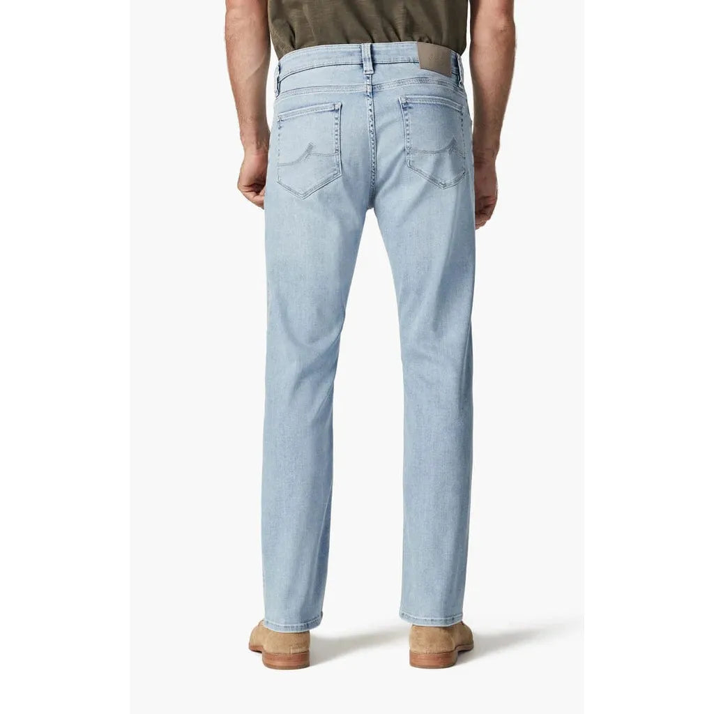 34 Heritage Courage Straight Leg jeans in Bleached Urban, light wash back view with rear pockets and leather patch.