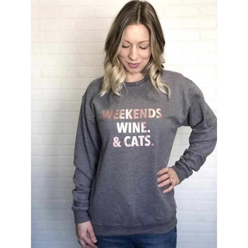 Blonde Ambition GREY / S Weekends Wine & Cats Crew Sweatshirt