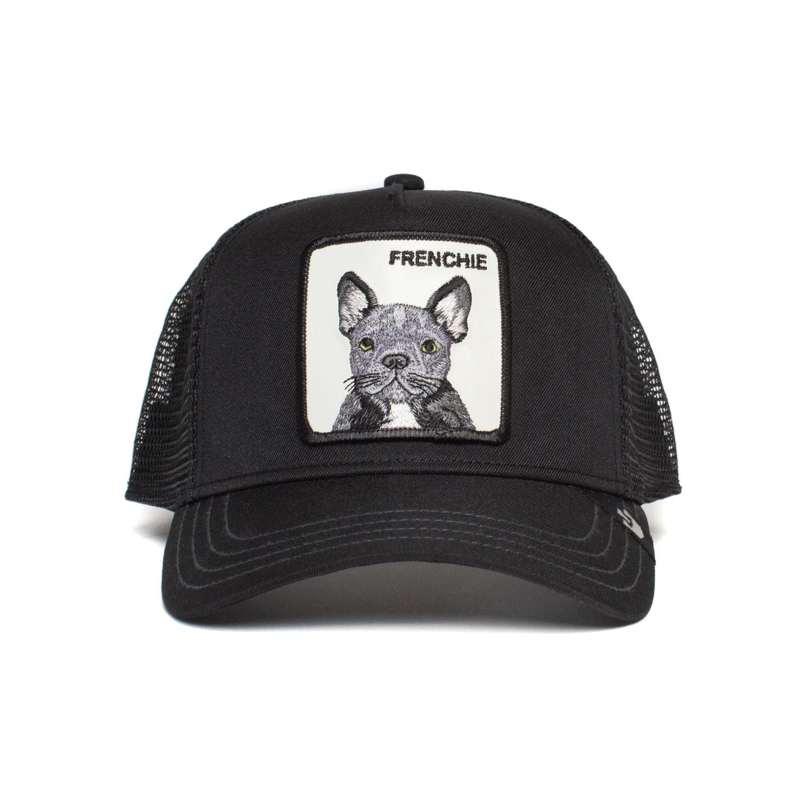 Goorin Frenchie Trucker Hat: black mesh trucker with a white patch featuring a French Bulldog and FRENCHIE lettering.