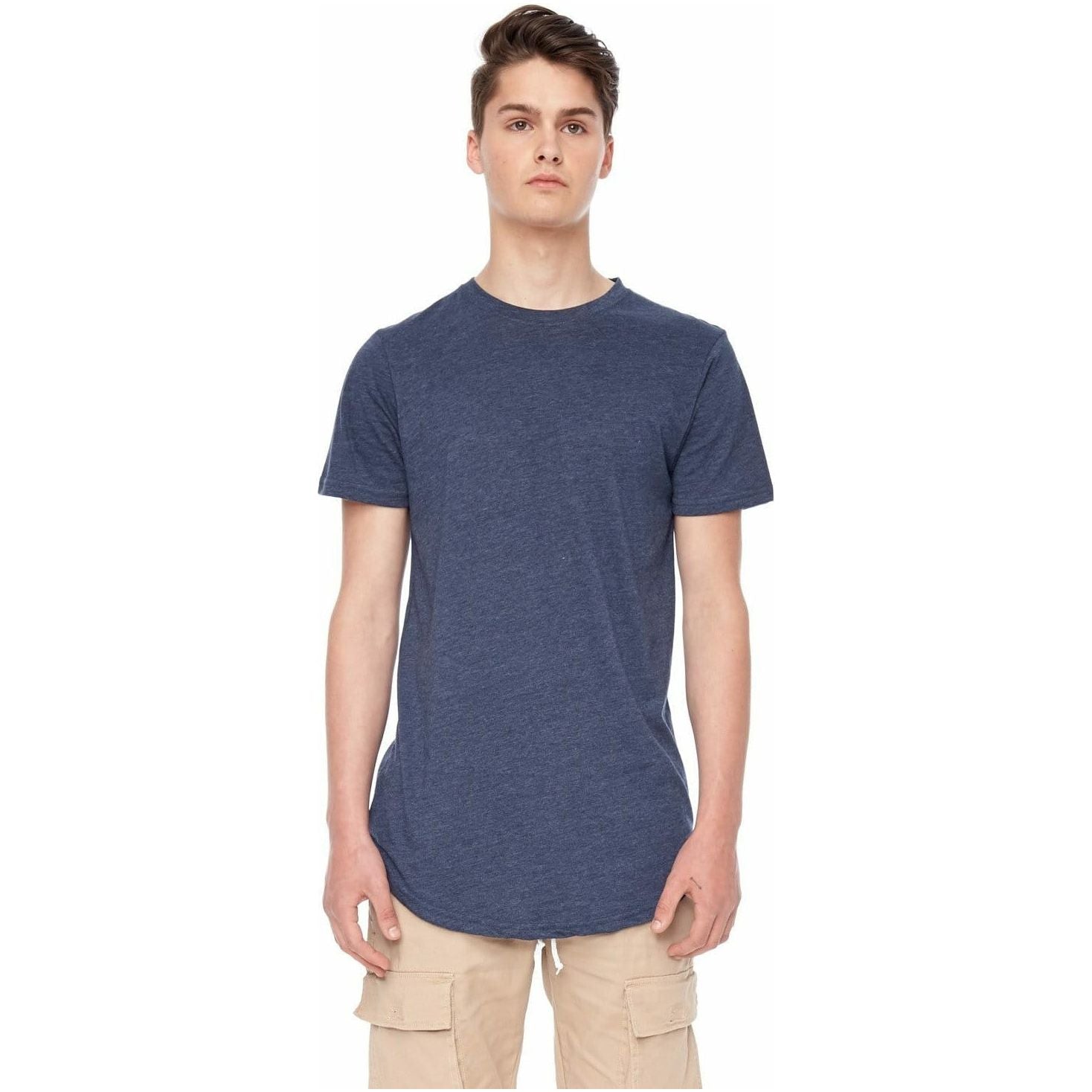Kuwalla Scoop Tee navy, slim-fit short-sleeve with scooped hem, comfortable daily tee.