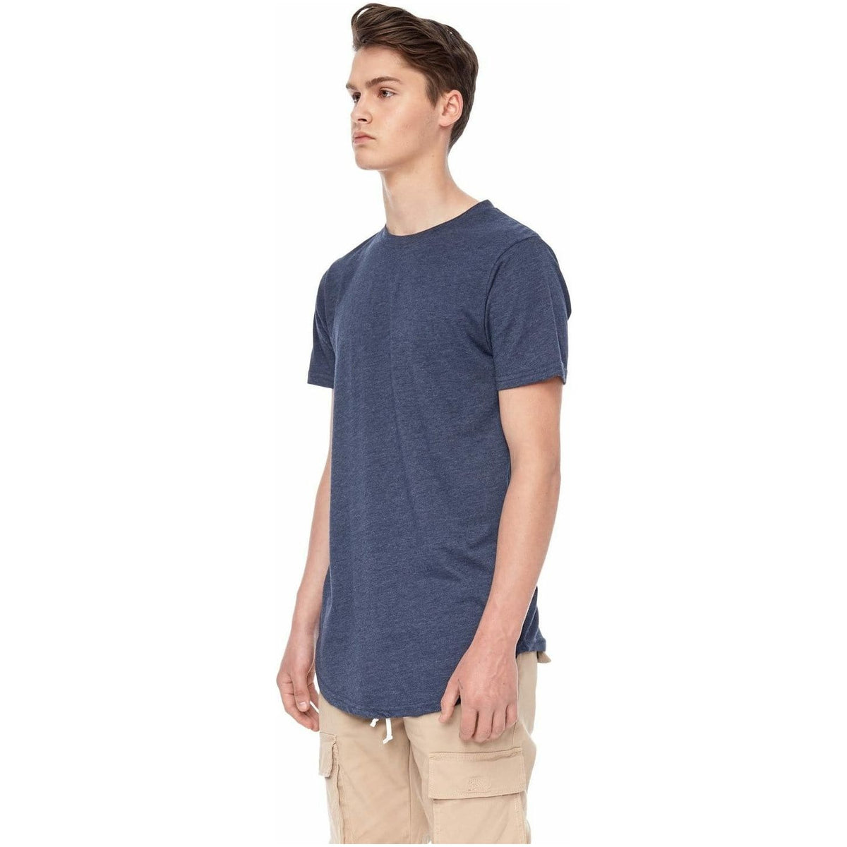 Kuwalla Scoop Tee in navy with scooped hem, slim fit, double-stitched front/back, self-fabric neck.