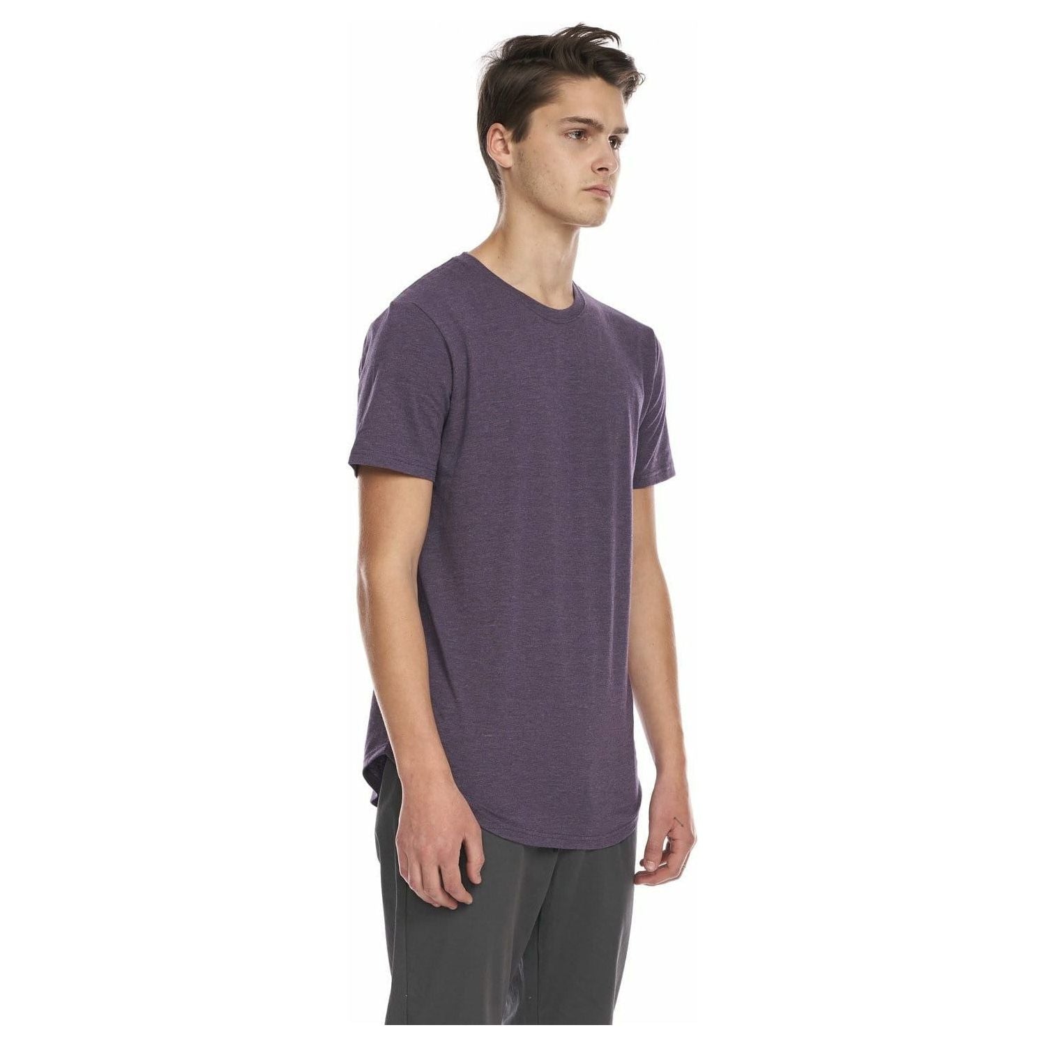 Kuwalla Scoop Tee purple on model — lightweight, scooped-hem tee by Kuwalla.