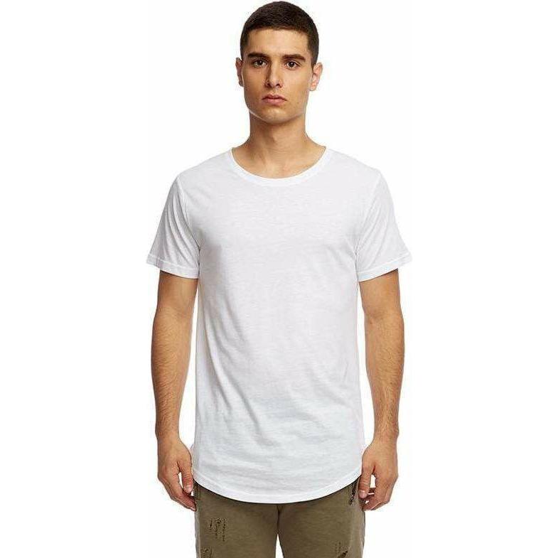 Kuwalla Scoop Tee – white slim-fit tee with scooped hem on front & back, self-fabric neck, branded label on back.