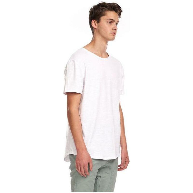 Kuwalla Scoop Tee white on model, lightweight slim-fit tee with scooped hem by Kuwalla.