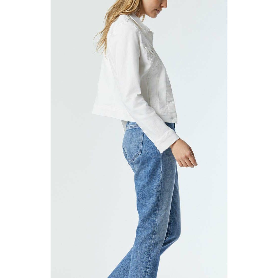 Mavi Samantha Double White Supersoft Jean Jacket features a slim fit and vintage-inspired design, perfect for layering.
