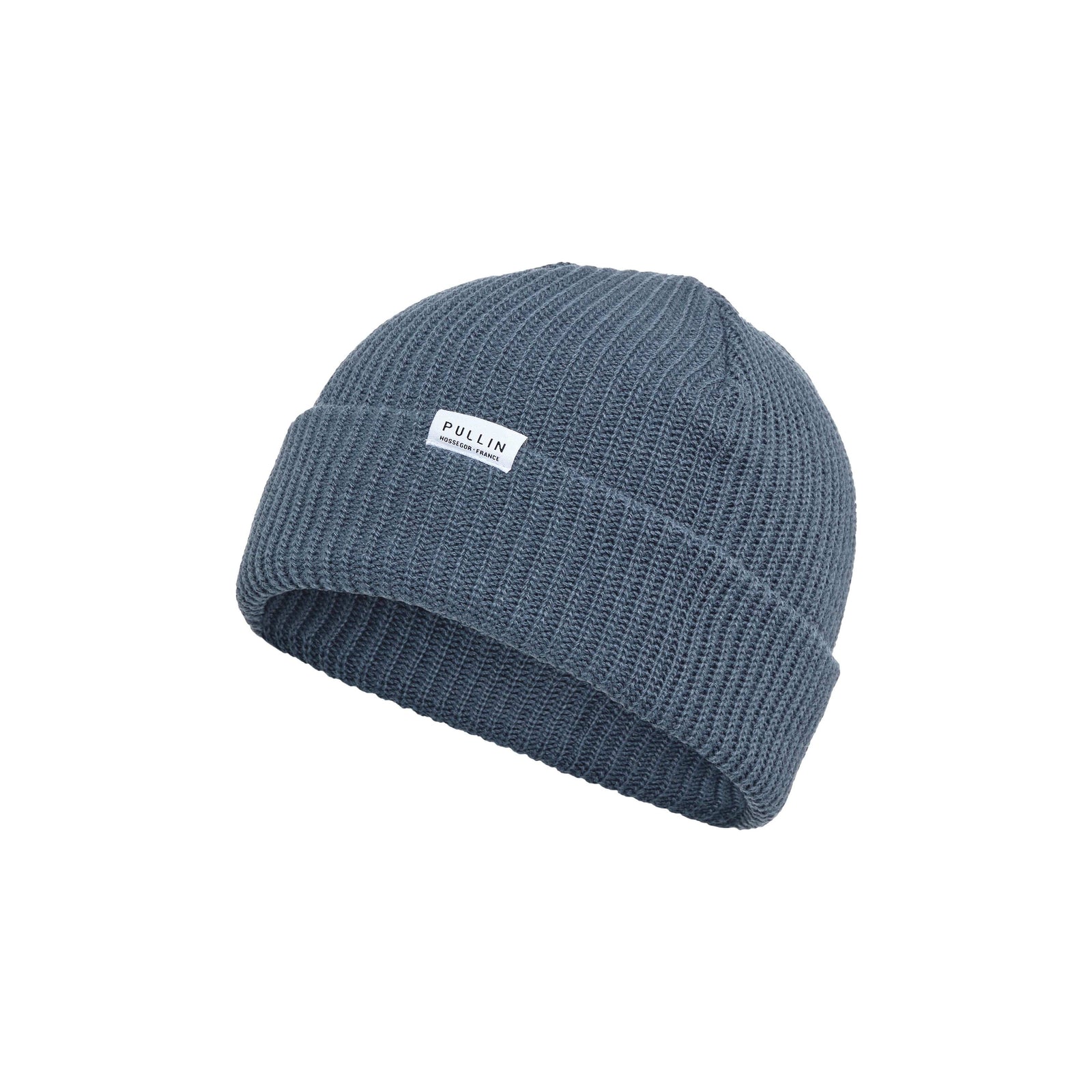 Pullin Beanie in blue-gray acrylic with cuff, docker-style knit; 20cm with cuff, 27cm without; one size.