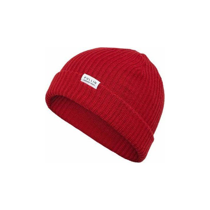 Pullin Beanie, red acrylic docker-style knit, 20 cm with cuff, 27 cm without cuff, one size fits all.