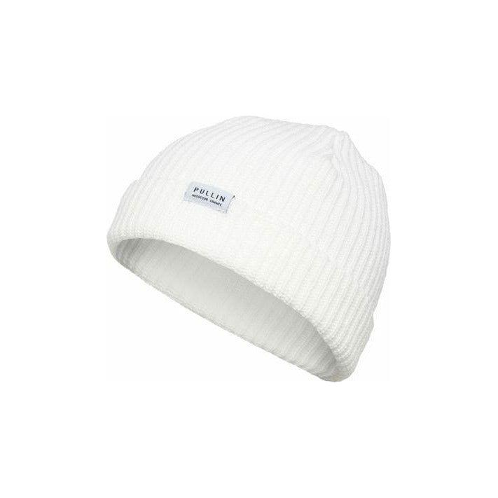 Pullin Beanie in white 100% acrylic, docker-style knit, cuffed or not, 20 cm with cuff, 27 cm without, one size.