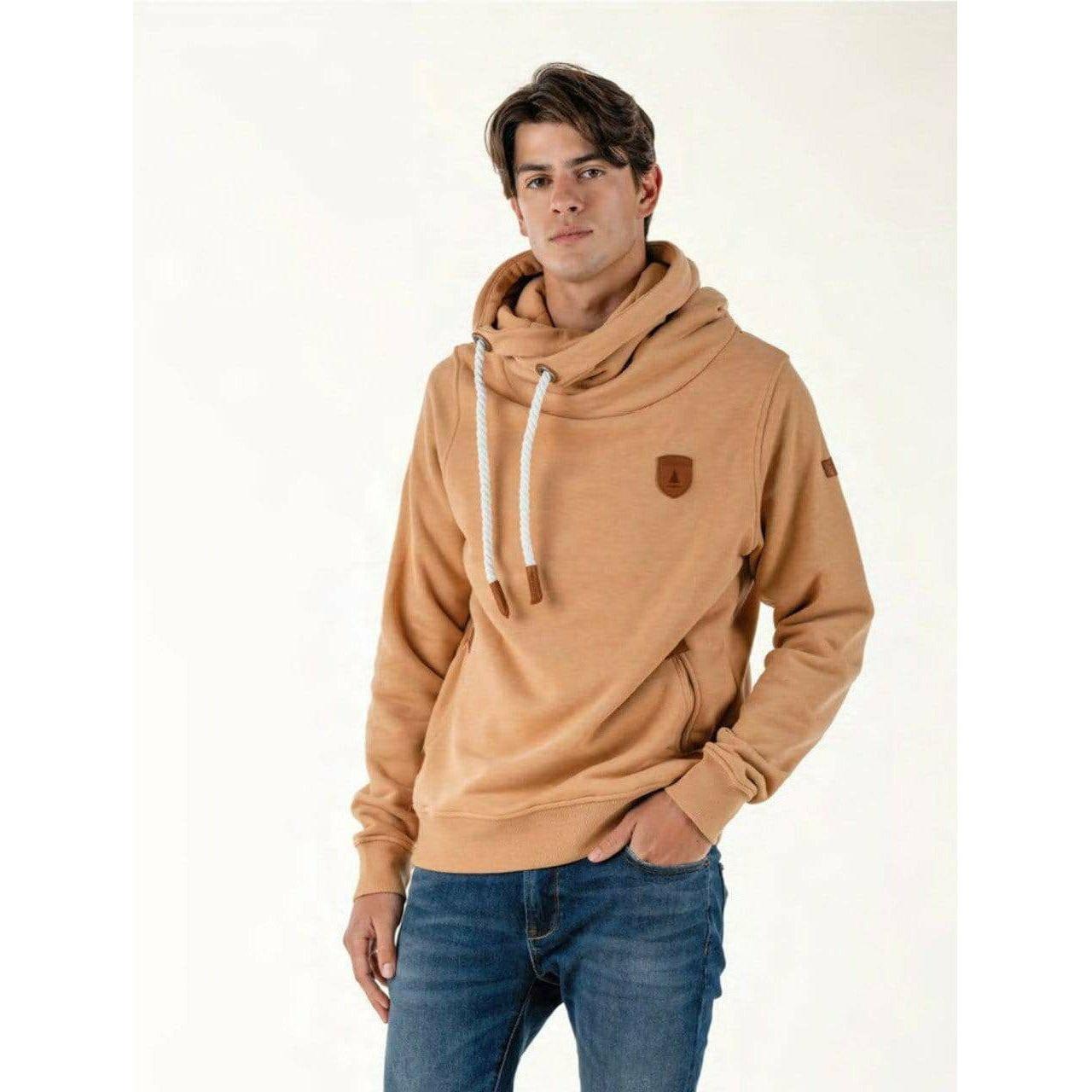 Camel Wanakome Olympus premium fleece hoodie with cowl neck and front pouch pocket.