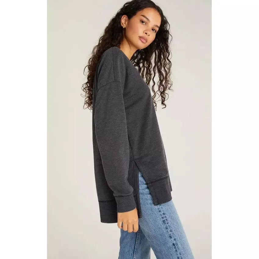 Z Supply Modern V-Neck Weekender Top in jet black, oversized relaxed long sleeve on model.