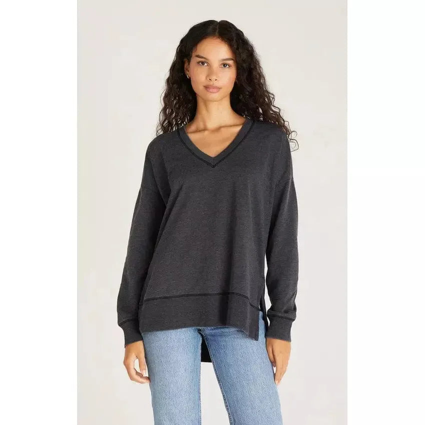 Z Supply Modern V-Neck Weekender Top in jet black, oversized relaxed long sleeve on model.
